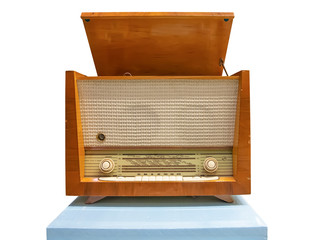 Vintage wooden radiogram isolated on whitebackground - obrazy, fototapety, plakaty