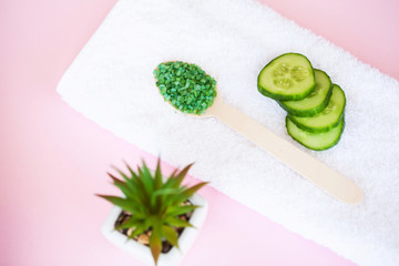 Spa. White Cotton Towels Use In Spa Bathroom on Pink Background. Towel Concept. Photo For Hotels and Massage Parlors. Purity and Softness. Towel Textile