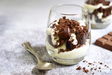 No baked chocolate cheesecake or trifle in a glass.