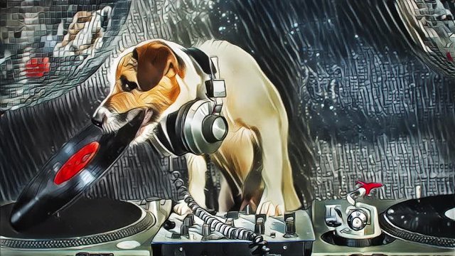 the world's most famous dj dog. a cute jack russell dog djing in a disco setting  with impressionist style overlayed art painting effect