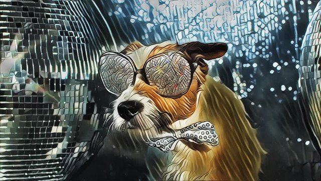 the world's most famous dj dog. a cute jack russell dog wearing diamond covered sunglasses in a disco setting  with impressionist style overlayed art painting effect