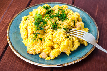 Dishes of lentils. Porridge with greens