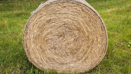 Beautiful countryside landscape image of hay bales in Summer . Field with haystacks after the harvest of wheat . Hay bales in field . 