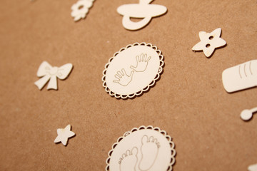 Postcard for a newborn with a picture of pens, stars, flowers and a pacifier