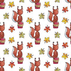 Autumn seamless pattern with cute forest animals in doodle style. Colorful vector background.