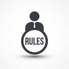 Business person with text rules flat icon. Rules and regulations. Terms and conditions icon