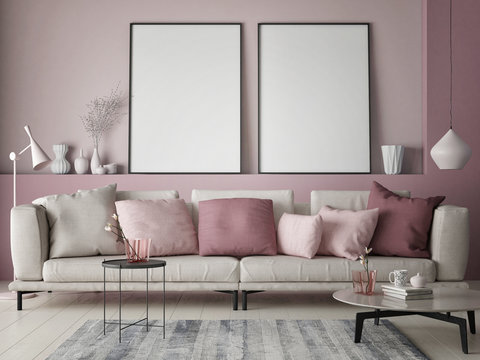 Mock up poster on rose wall in hipster living room, pastel colored, 3d render, 3d illustration