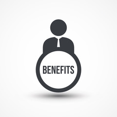 Business person with text BENEFITS flat icon
