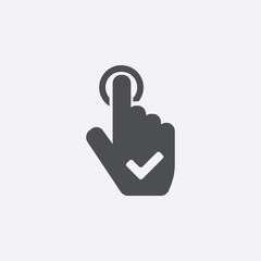 Pointing finger with a check mark Icon in flat style isolated on gray background. Hand gesture symbol for your web site design, picture, art, logo, app, UI. illustration, JPEG image