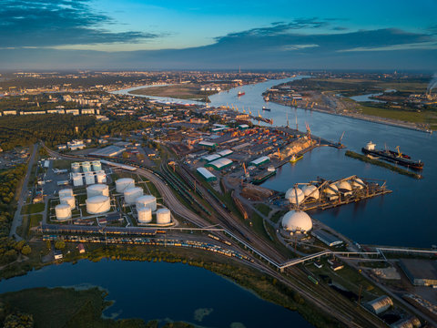 Gas storage terminal in the sea port. Baltic sea, Daugava river.