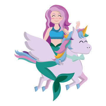 Cute Siren Woman Riding Unicorn