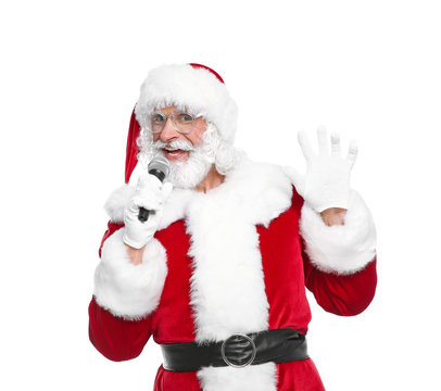 Santa Claus singing into microphone on white background. Christmas music