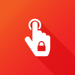 Pointing finger and closed lock pad Icon in trendy flat style isolated on red background. Hand gesture symbol for your web site design