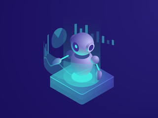 Program analyzing, ai robot, artificial intelligence automated process of data reporting, reading schedule, modern smart technologies in business isometric vector neon