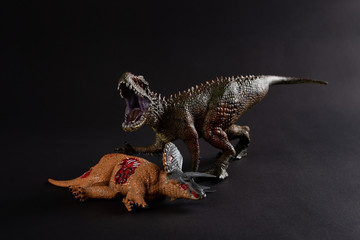 Carcharodontosaurus with a triceratops body nearby on dark background close up