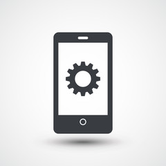 Settings on smartphone screen. Gear icon. Adjusting app, set options, repair, fixing phone concepts. Flat design illustration