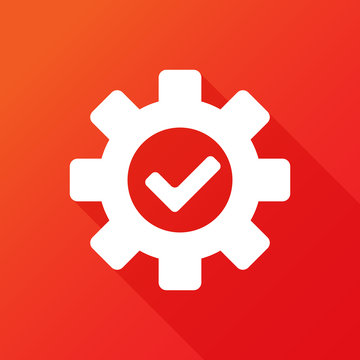 Gear within check mark flat icon. Flat icon with long shadow on red background