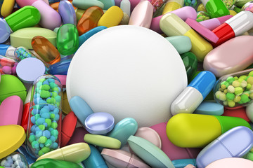 Collection of colorful pills with large white pill - 3d render