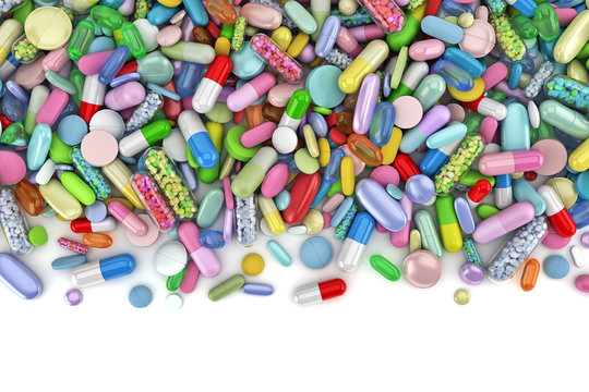 Healthcare themed pile of colorful pills - 3d render