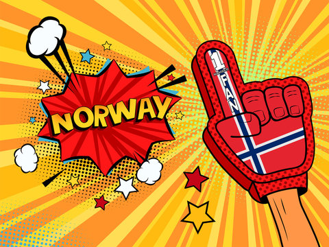 Sports fan male hand in glove raised up celebrating win of Norway speech bubble with stars and clouds.  colorful pop art style fan illustration