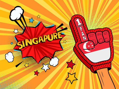 Sports fan male hand in glove raised up celebrating win of Singapore speech bubble with stars and clouds.  colorful pop art style fan illustration