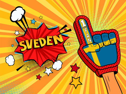 Sports fan male hand in glove raised up celebrating win of Sweden speech bubble with stars and clouds.  colorful pop art style fan illustration