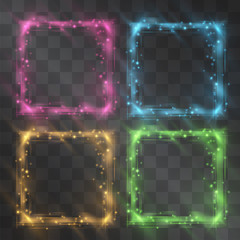 Crystal square frame set with glowing facets and shining stardust sparkles. Brilliant dim glass with flared neon light. Glistening quantum energy. Luxury theme design element. Hazy glowing decor. © Manon Labe