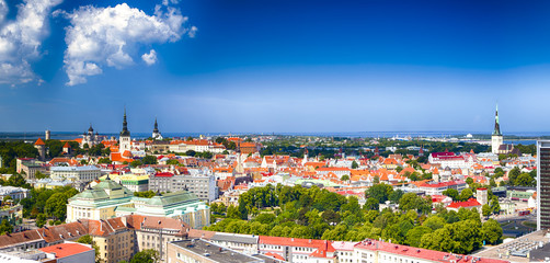 Panoramic View of Tallinn Cityscape in Estonia. Taken from the Top Point in the City with View at Old City Center and Port with Bay.