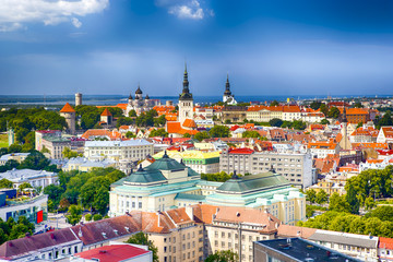 Naklejka na ściany i meble Panoramic Cityscape View of Tallinn City on Toompea Hill in Estonia. Shot Covers Lines of Traditional Red Roofs of Medieval Houses, Towers, Cathedral and Churches with Port partial View.