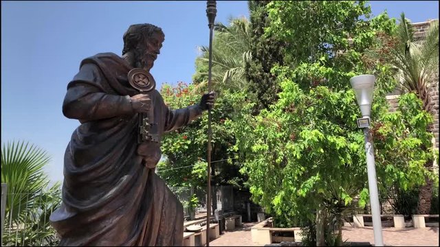 Statue of Apostle Peter at Capernaum in Israel in Slow Motion