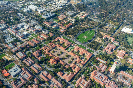 Aerial View of Stanford University Campus Oval and Quad, Palo Alto, California