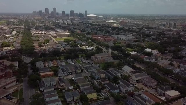 Drone shot pulling away from the City of New Orleans