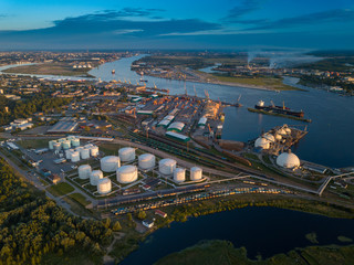 Gas storage terminal in the sea port. Baltic sea, Daugava river.