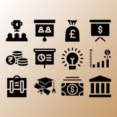 Lightbulb, money bag and presentation related premium icon set
