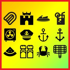 Crab with two claws, jet ski and grill related icons set