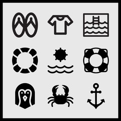 Simple 9 set of Summer related crab with two claws, boat anchor, sun and boat float vector icons