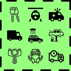 Simple 9 icon set of service related delivery, ambulance, car wash and car parts vector icons. Collection Illustration