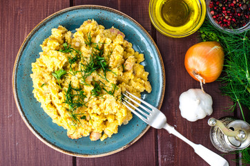 Dishes of lentils. Porridge with greens