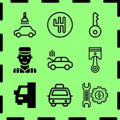 Simple 9 icon set of service related car wash, piston, car repair and taxi vector icons. Collection Illustration