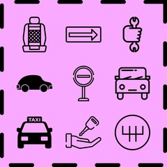 Simple 9 icon set of car related transports symbol of straight lines in a circle, car, frontal taxi cab and car black rounded shape side view vector icons. Collection Illustration