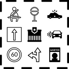 Simple 9 icon set of law related speed limit, speed road radar, one way and prison vector icons. Collection Illustration