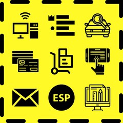 Simple 9 icon set of online related computer, ebook, car search and email vector icons. Collection Illustration