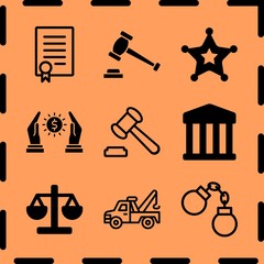 Simple 9 icon set of legal related courthouse, auction, sheriff and auction vector icons. Collection Illustration