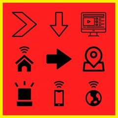 Simple 9 icon set of internet related right arrow, alert, download and globe vector icons. Collection Illustration