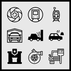 Simple 9 icon set of car related car, police station, garage and turbo vector icons. Collection Illustration