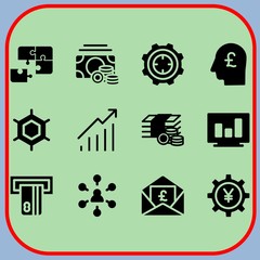 Simple 12 icon set of business related head, target, money and atm vector icons. Collection Illustration