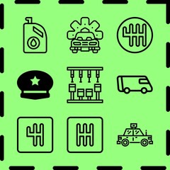 Simple 9 icon set of service related gearbox, car machine, gearbox and cab vector icons. Collection Illustration