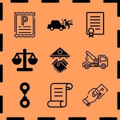 Simple 9 icon set of legal related loan, tow truck, parking ticket and handcuff vector icons. Collection Illustration