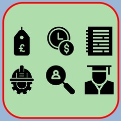 Simple 6 icon set of business related price tag, search, engineering and time is money vector icons. Collection Illustration