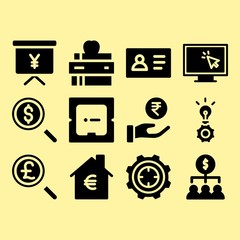 Presentation, get money and teamwork related premium icon set